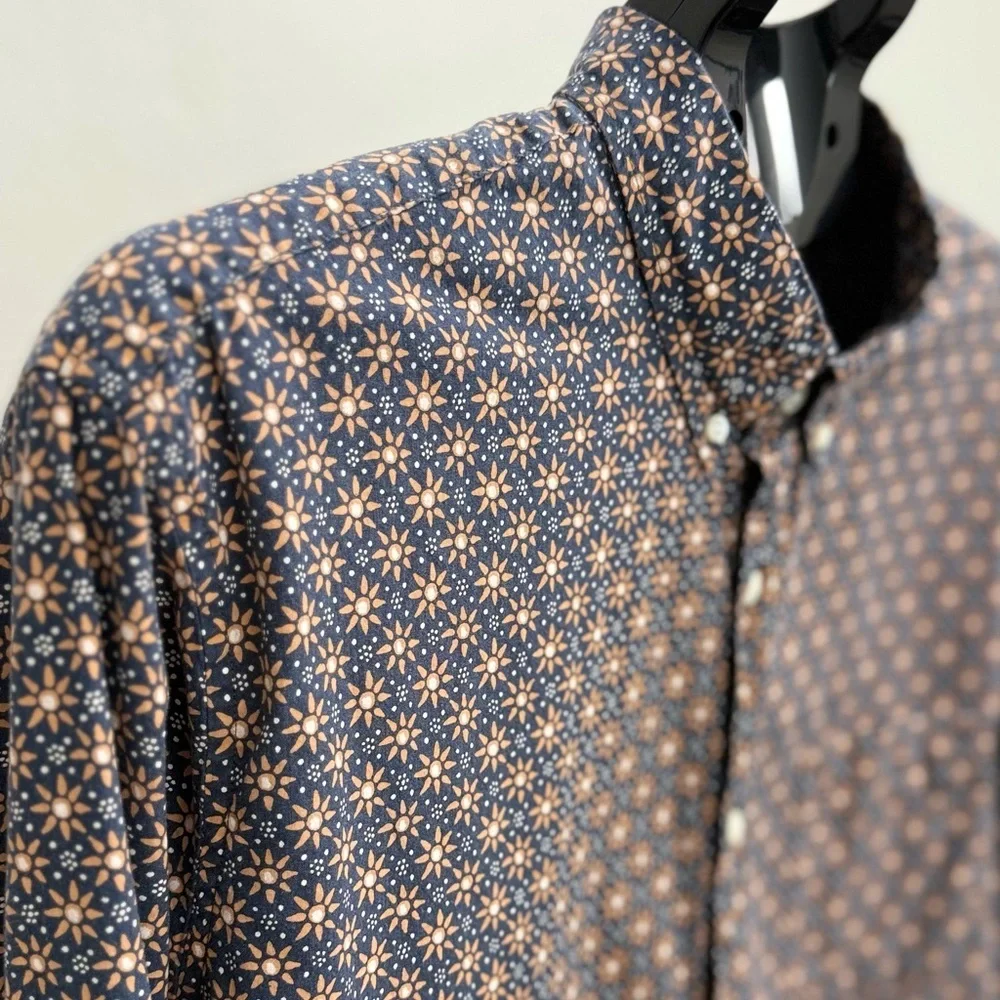J. Crew Men's Navy and Orange Patterned Shirt Size XL Cotton